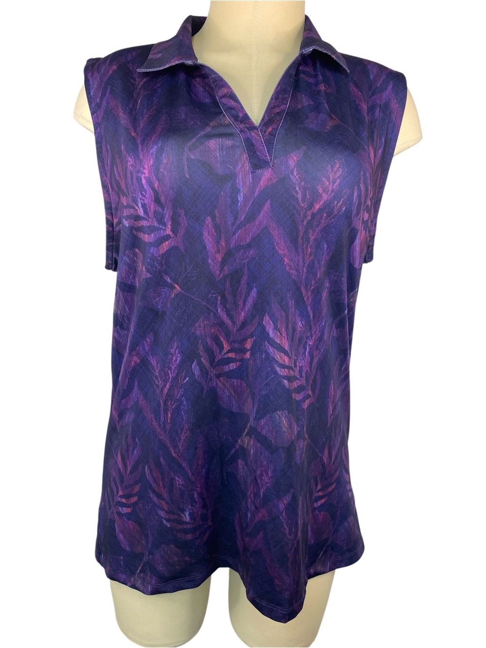 Yatta Golf Sleeveless Collared Purple Leaf Print Top Women’s 2XL
